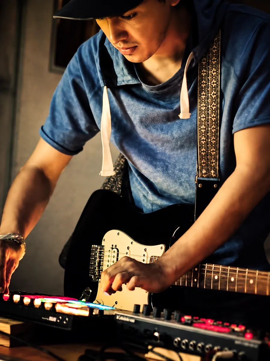 Zeb Dehn con guitarra entre el equipo del estudio
