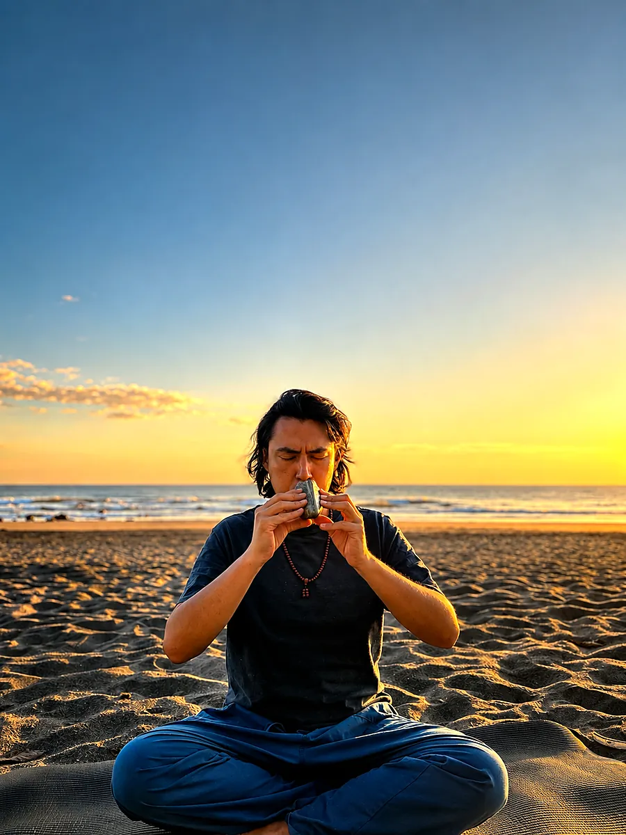 Zeb Dehn meditando frente al mar al atardecer — Vipassanarte